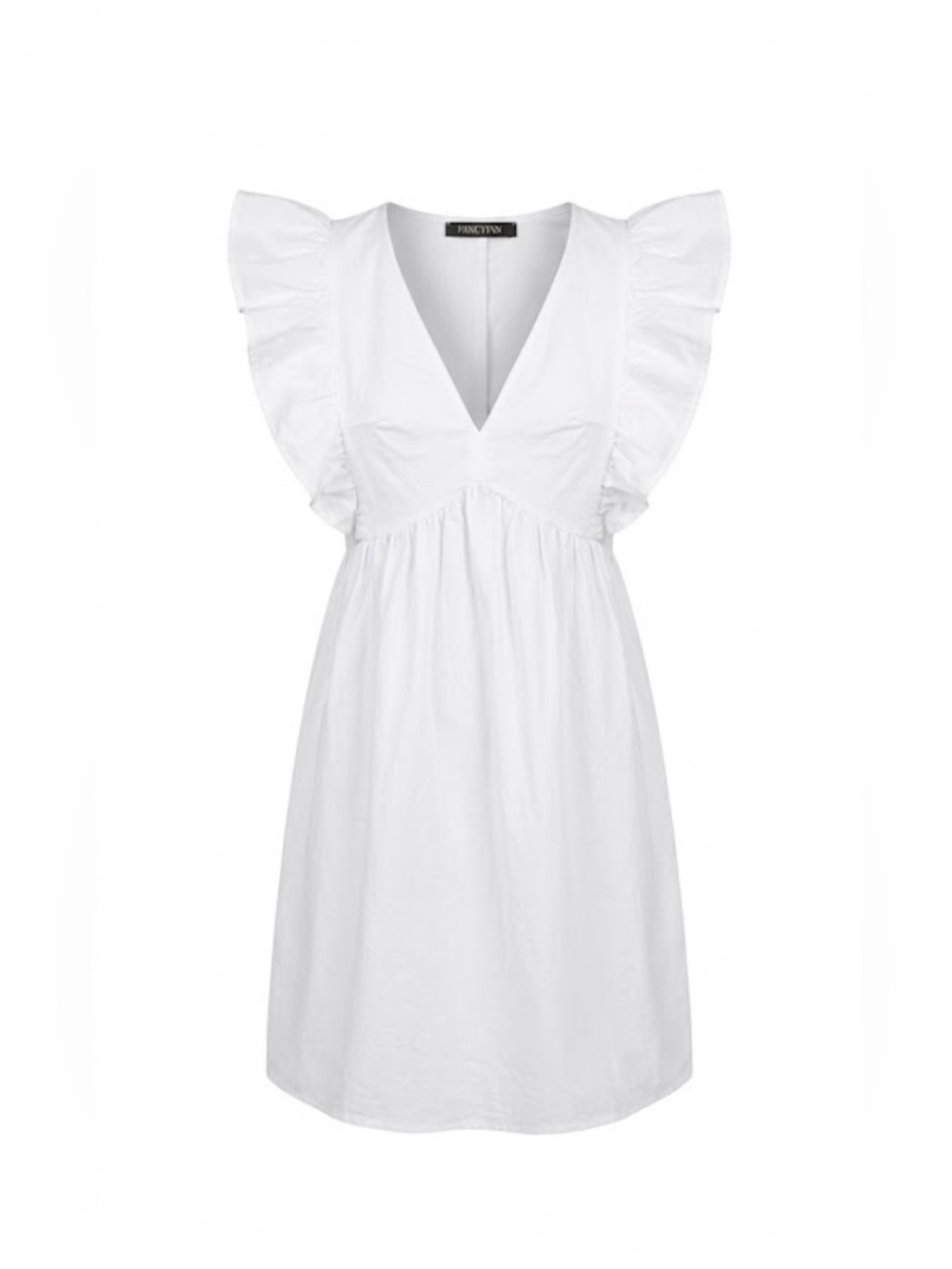 Fancyinn White V-Neck Ruffle Flutter Sleeve Mini Dress NWT